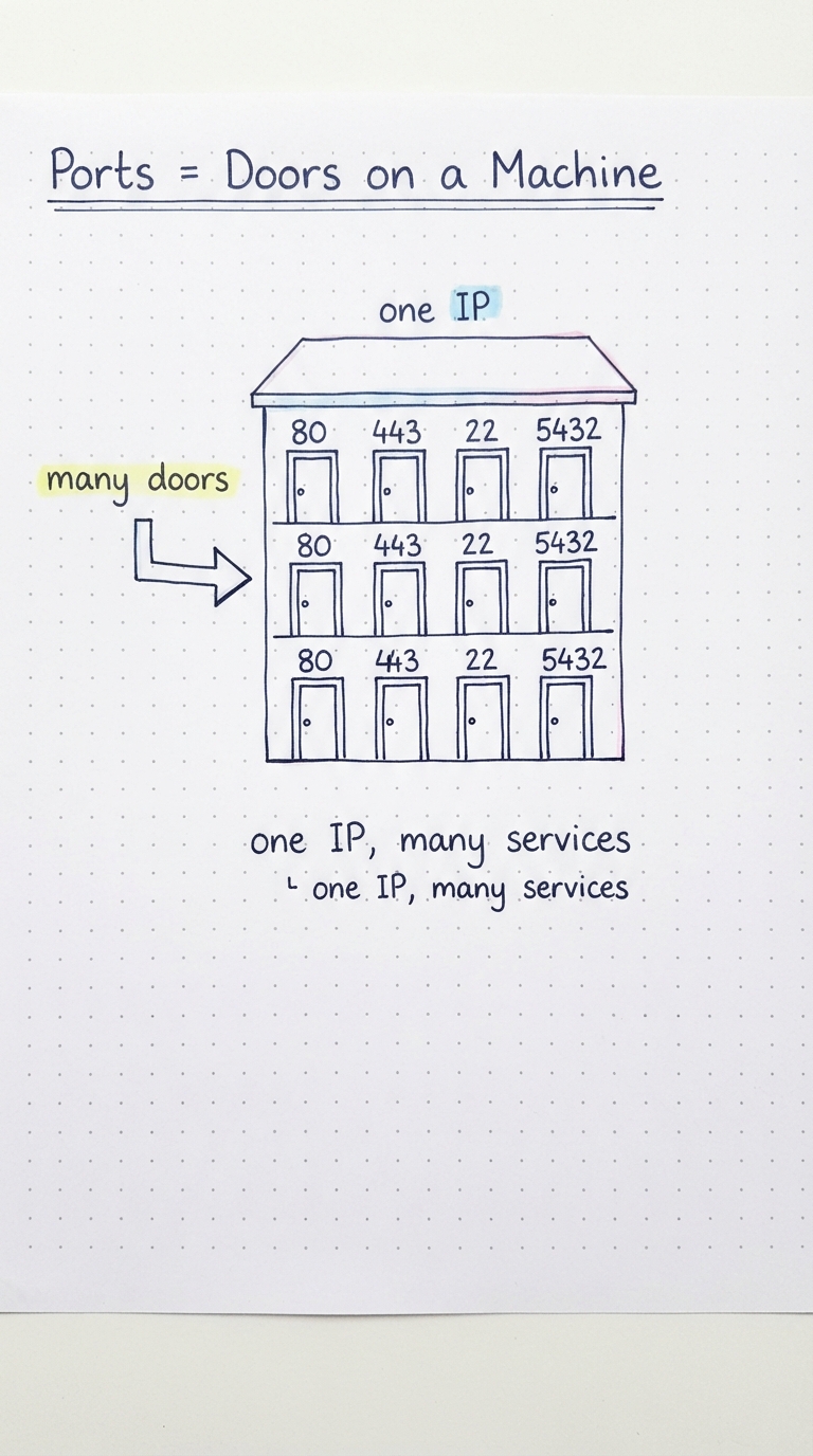 One server with many numbered doors: 80, 443, 22, 5432.