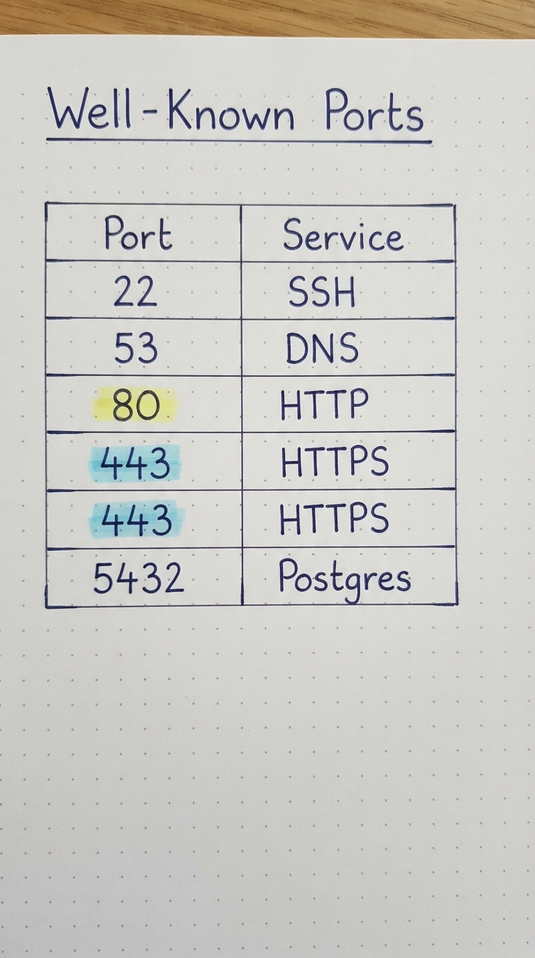 Table: 22 SSH, 53 DNS, 80 HTTP, 443 HTTPS, 5432 Postgres.