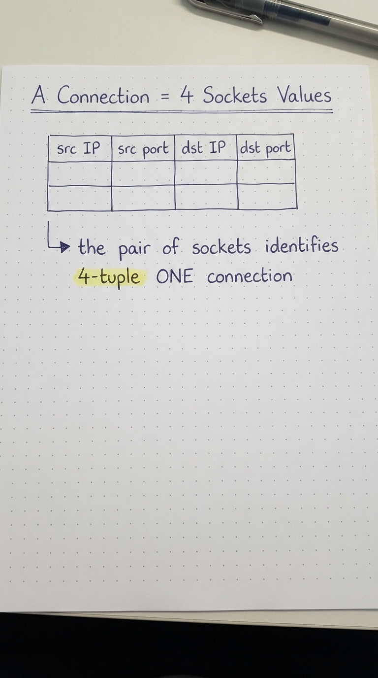 src IP, src port, dst IP, dst port identify one connection.