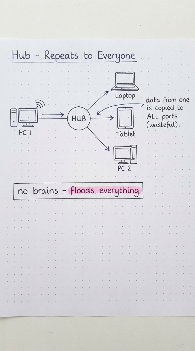 A hub copying data from one port to all ports.