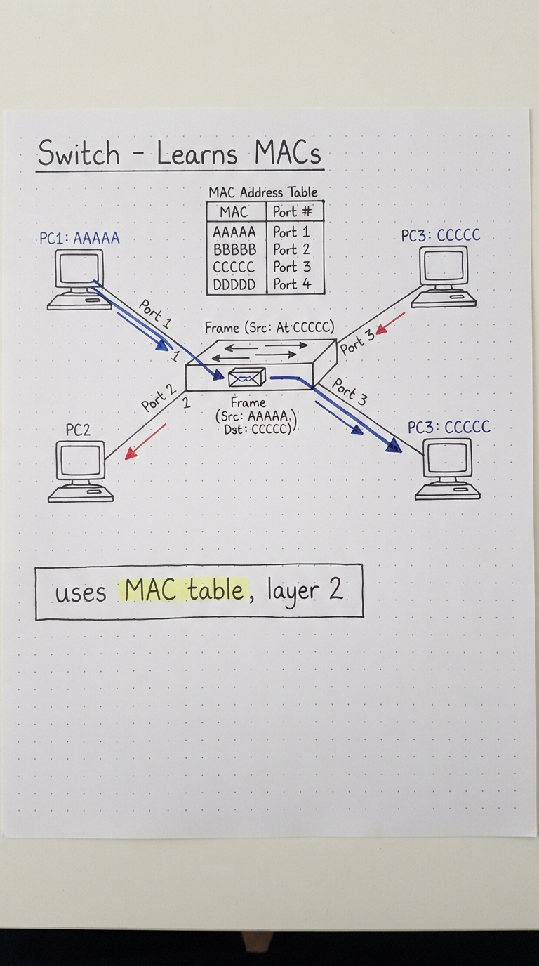 A switch with a MAC table sending a frame to only the correct port.