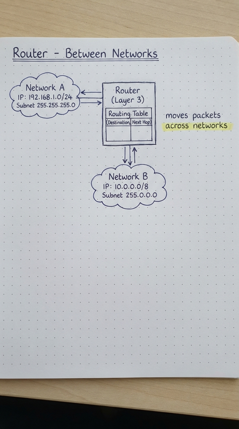 A router joining two networks using IP and a routing table.