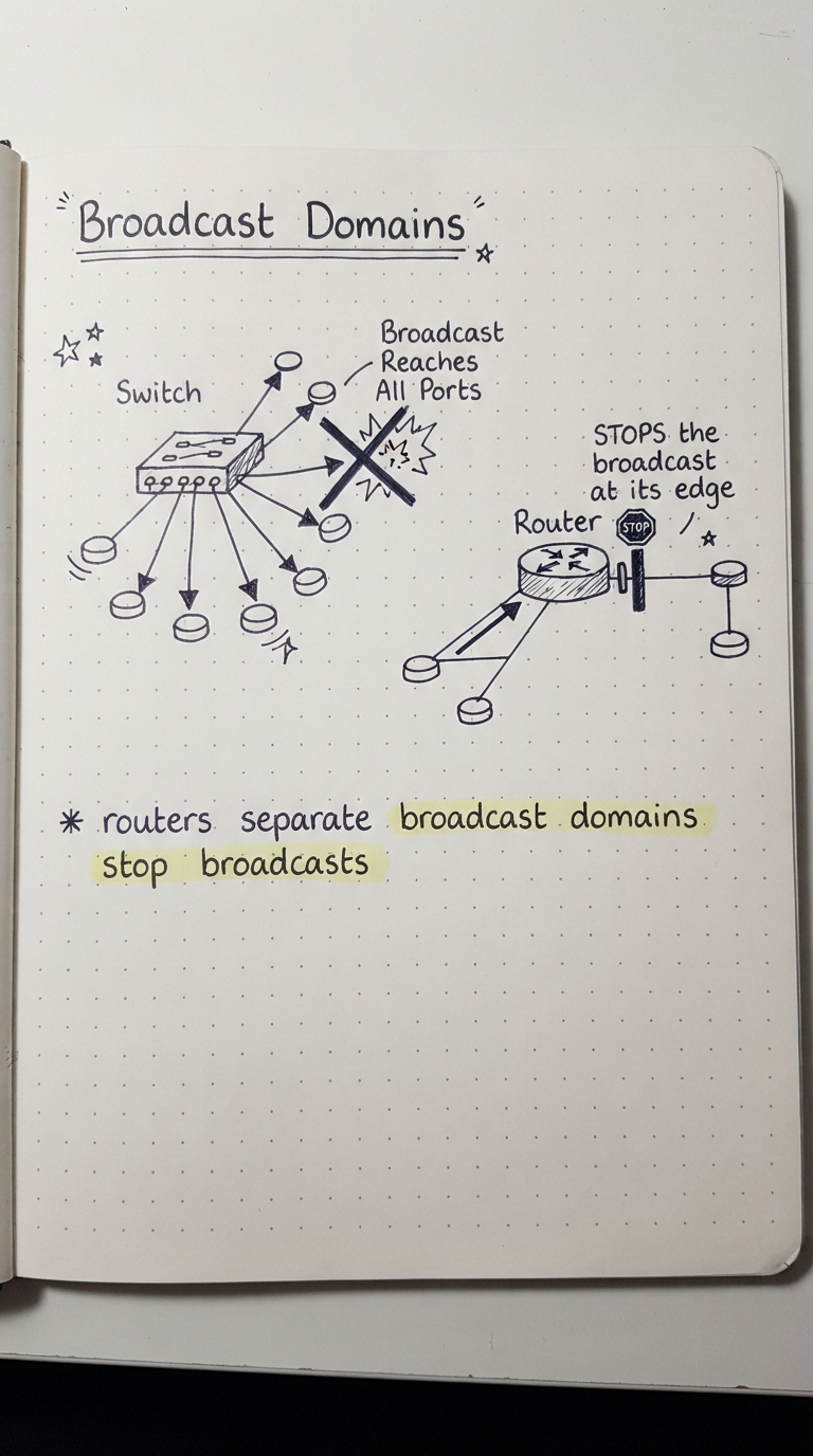 A broadcast reaches all switch ports but stops at the router.