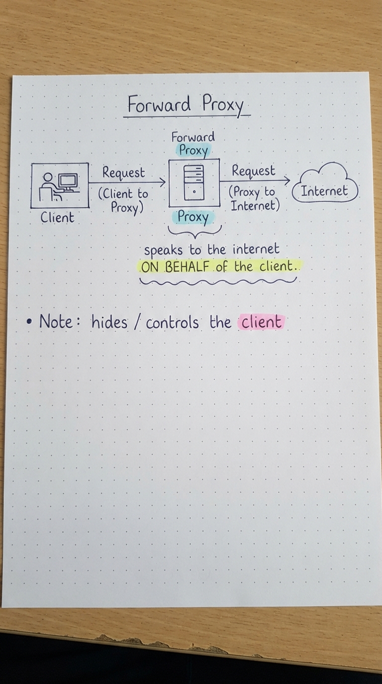 Client to proxy to internet; the proxy acts on behalf of the client.