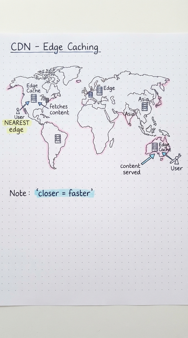 A world map with cached content near users; a user fetches from the nearest edge.