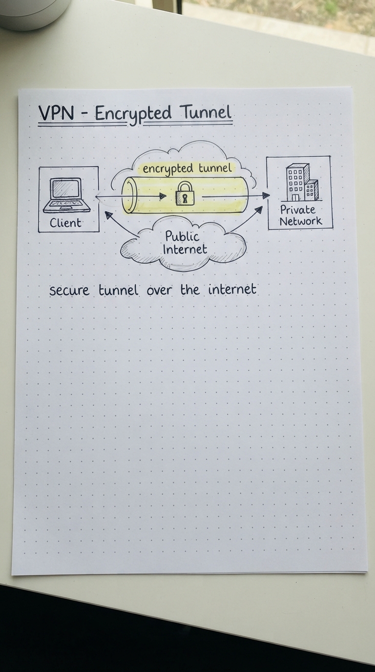 A client and a private network joined by a padlocked tunnel through the internet.