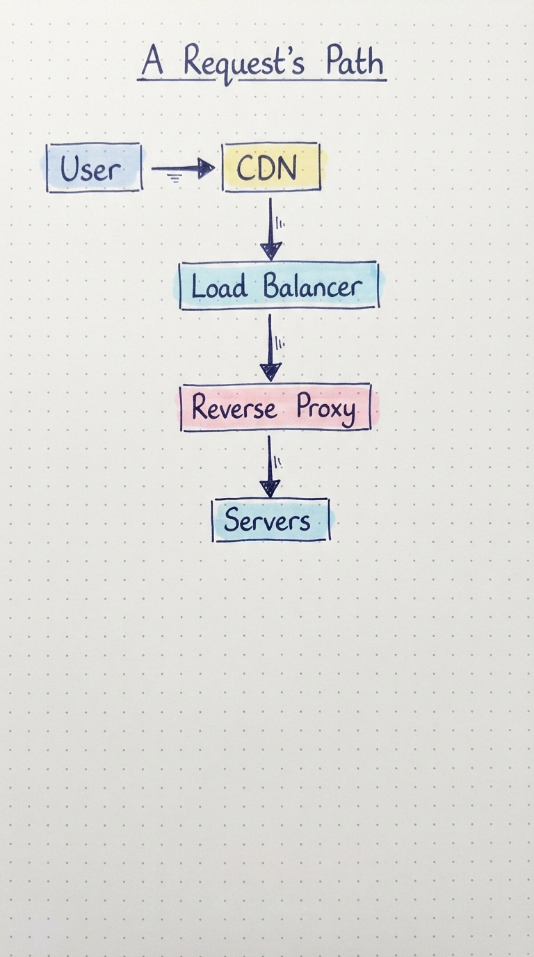 Chain: User → CDN → Load Balancer → Reverse Proxy → Servers.