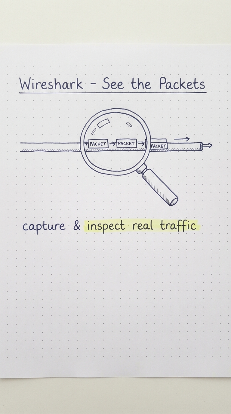 A magnifying glass over a wire showing individual packets.