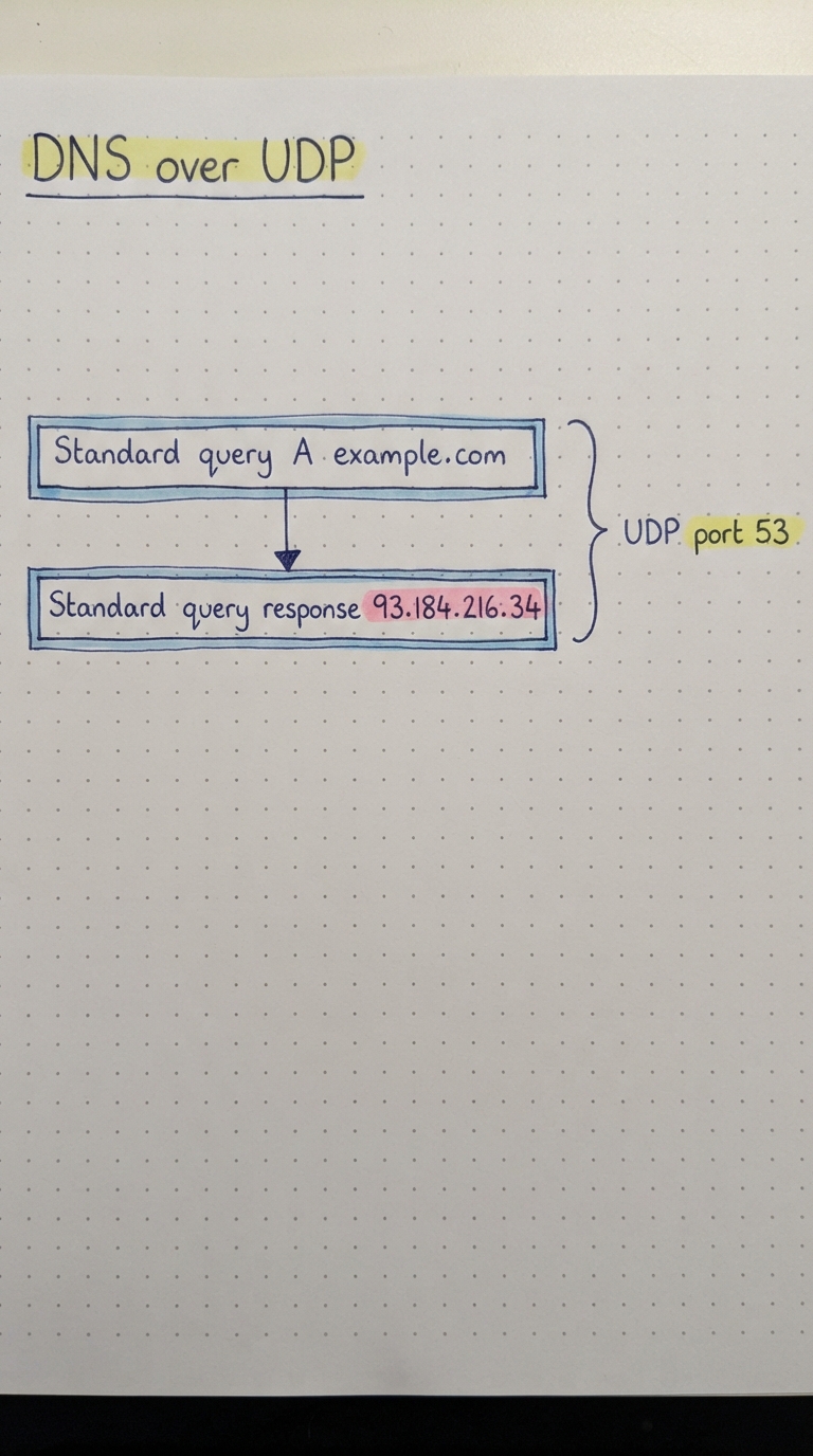 Two rows: DNS standard query and response over UDP port 53.