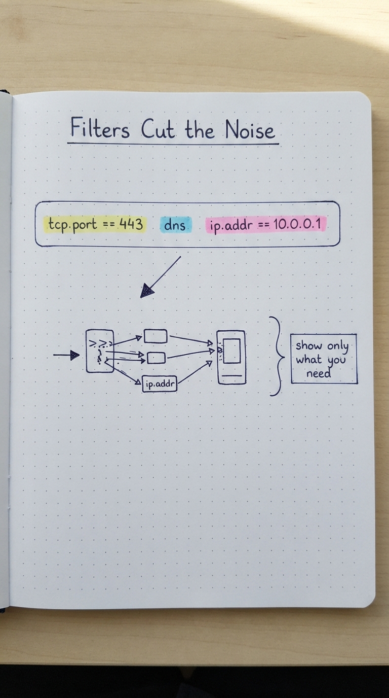 A filter bar with tcp.port == 443, dns, ip.addr == 10.0.0.1.