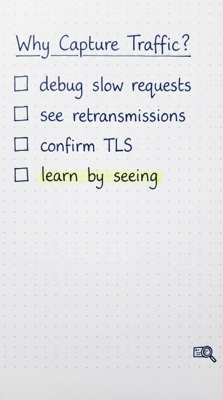 Checklist: debug slow requests, see retransmissions, confirm TLS, learn by seeing.