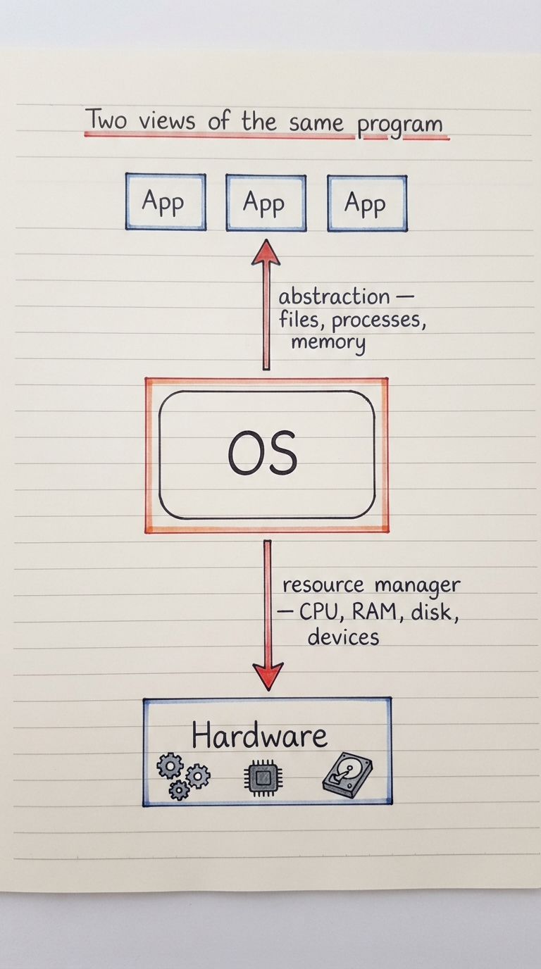Handwritten A4 diagram: a central OS box with an upward arrow labelled "abstraction — files, processes, memory" pointing to three app boxes, and a downward arrow labelled "resource manager — CPU, RAM, disk, devices" pointing to hardware.