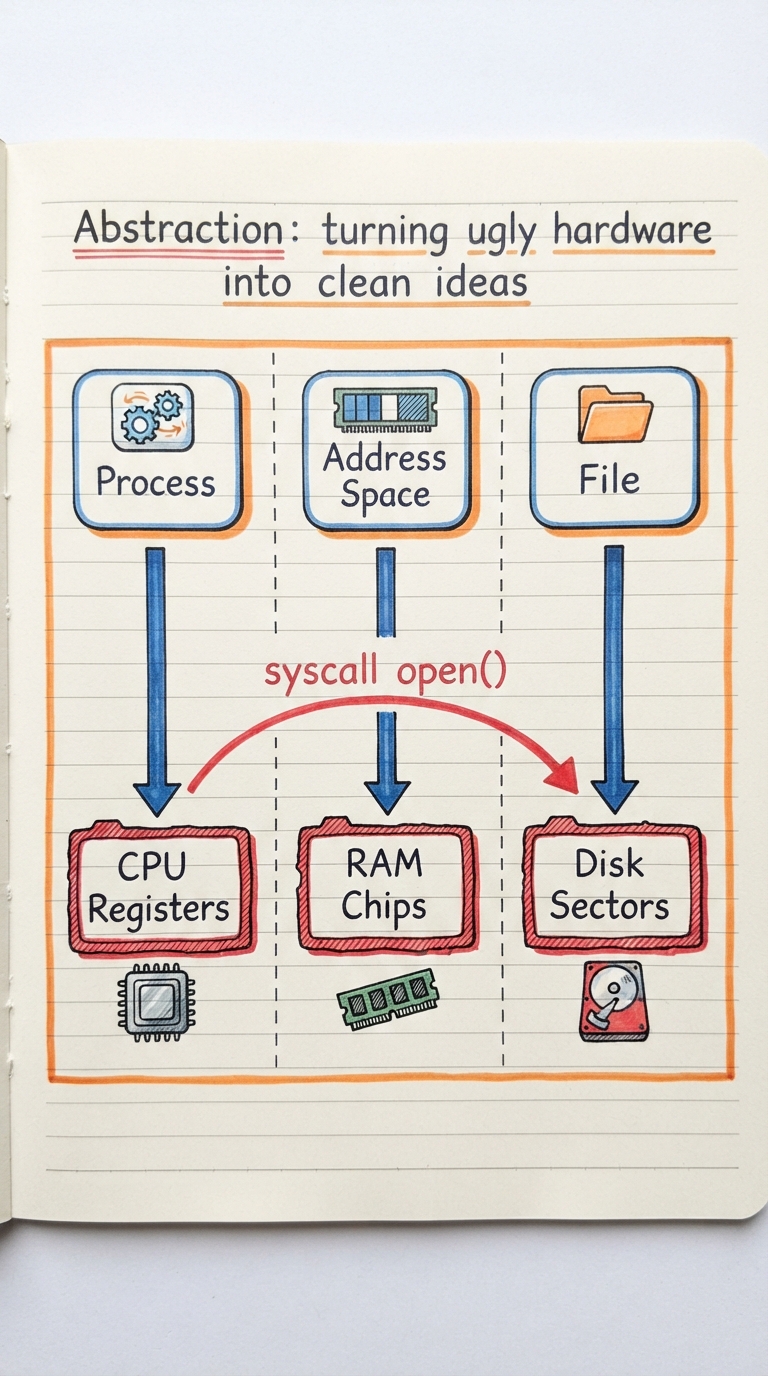 Handwritten A4 diagram: three side-by-side columns each showing a clean abstraction on top (process, address space, file) with an arrow down to messy hardware below (CPU registers, RAM chips, disk sectors), and the syscall open() drawn crossing the boundary.