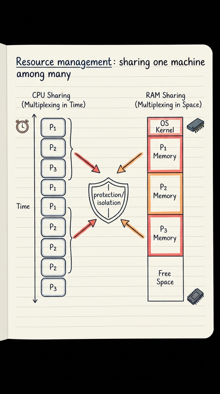 Handwritten A4 diagram: on the left a timeline showing the CPU sliced into time slots handed to processes P1, P2, P3 (multiplexing in time); on the right a RAM bar divided into labelled regions per process (multiplexing in space); a shield icon labelled "protection / isolation" between them.