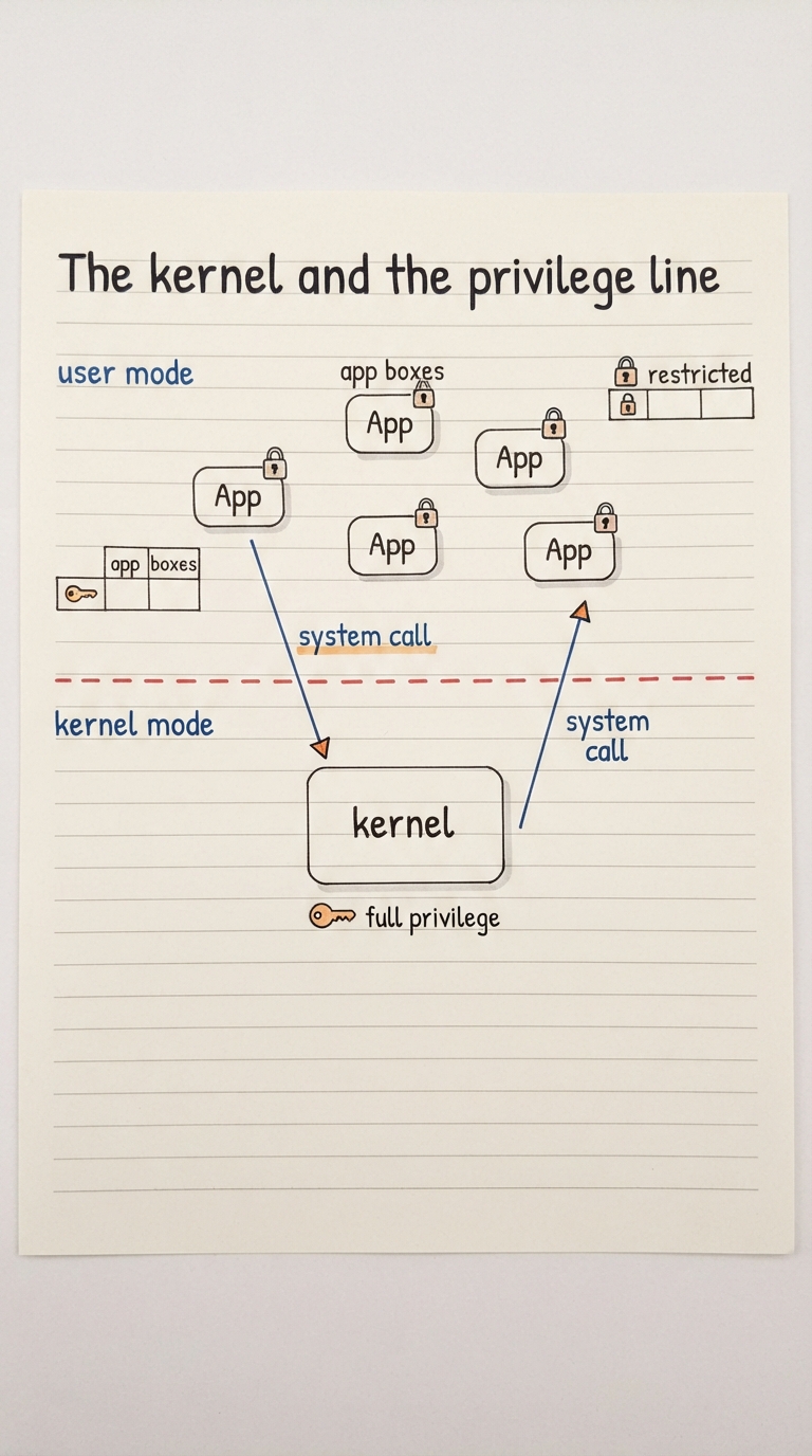 Handwritten A4 diagram: a horizontal dashed line splitting user mode (top, several app boxes with a padlock marked "restricted") from kernel mode (bottom, one trusted kernel box marked "full privilege"), with a single labelled arrow "system call" crossing the line downward and returning upward.