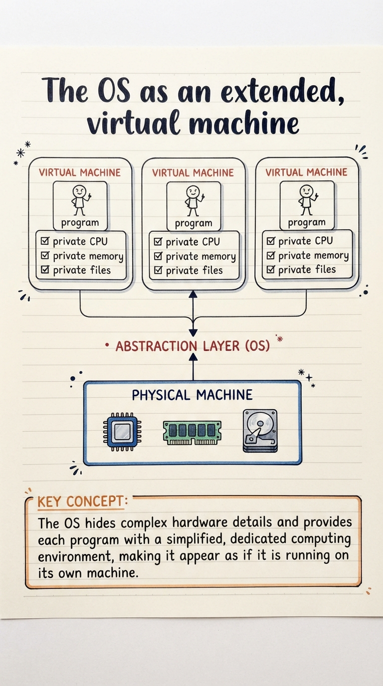 Handwritten A4 diagram: one physical machine at the bottom, and above it three identical "virtual machine" boxes each labelled with its own private CPU, private memory, and private files, each occupied by a separate program that believes it is alone.