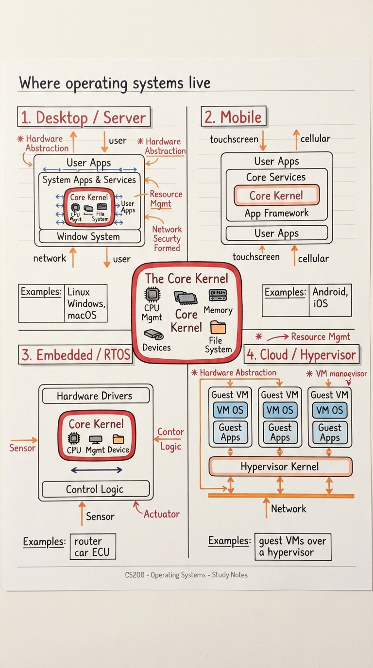 Handwritten A4 diagram: four labelled quadrants — desktop/server (Linux, Windows, macOS), mobile (Android, iOS), embedded/RTOS (router, car ECU), and cloud/hypervisor (guest VMs over a hypervisor) — each showing the same small kernel core with different surrounding constraints.
