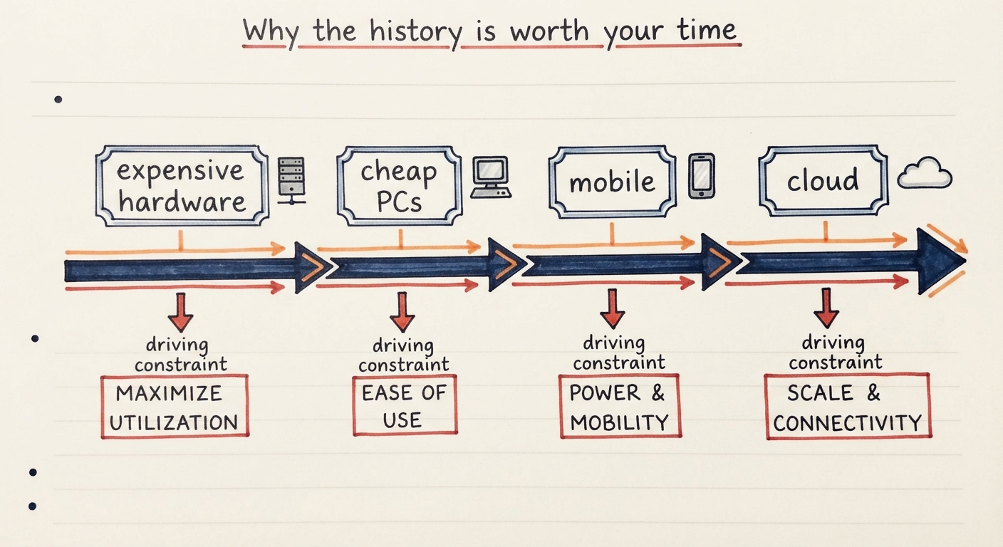 Hand-drawn timeline arrow from "expensive hardware" through "cheap PCs" and "mobile" to "cloud", with the driving constraint labelled under each era.