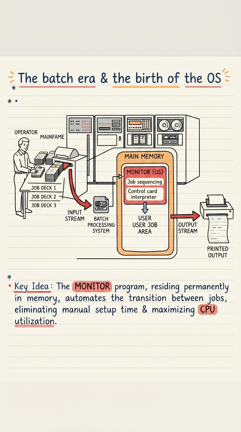 Hand-drawn diagram of an operator feeding a stack of punched-card decks into a mainframe, with a "monitor" program in memory sequencing one job after another.