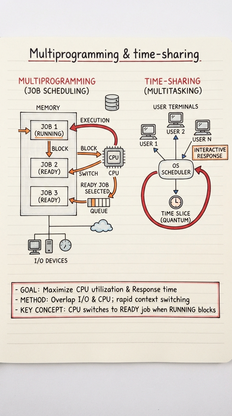 Hand-drawn diagram: several jobs resident in memory at once, the CPU switching to a ready job whenever the running one blocks on I/O; beside it, many user terminals each getting a time slice.