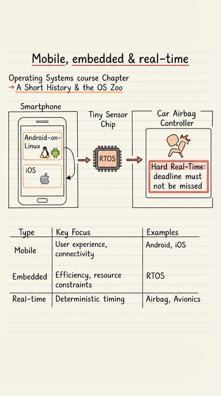 Hand-drawn three-panel sketch: a phone running Android-on-Linux and iOS, a tiny sensor chip with an RTOS, and a car airbag controller labelled "hard real-time: deadline must not be missed".