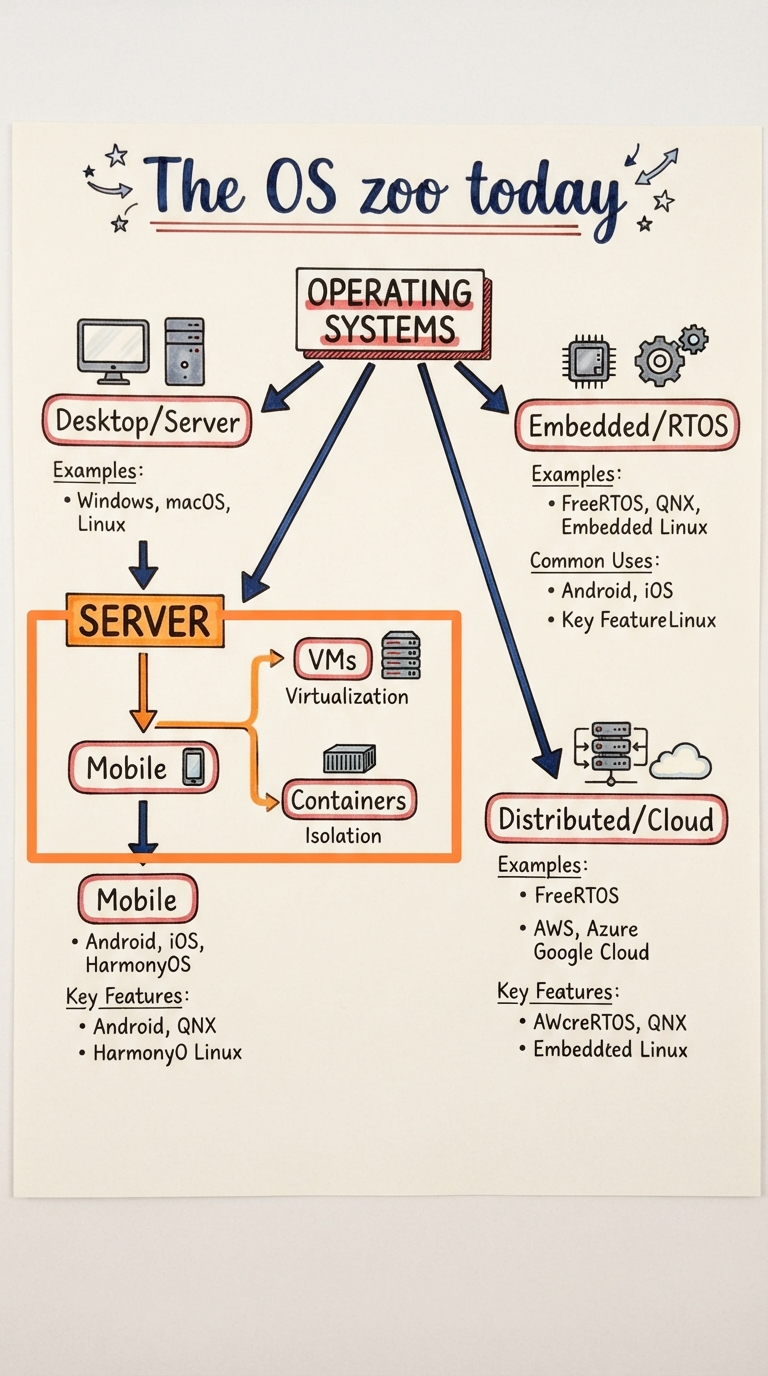 Hand-drawn taxonomy chart branching into Desktop/Server, Mobile, Embedded/RTOS, and Distributed/Cloud, with a small hypervisor box splitting one server into VMs and containers.