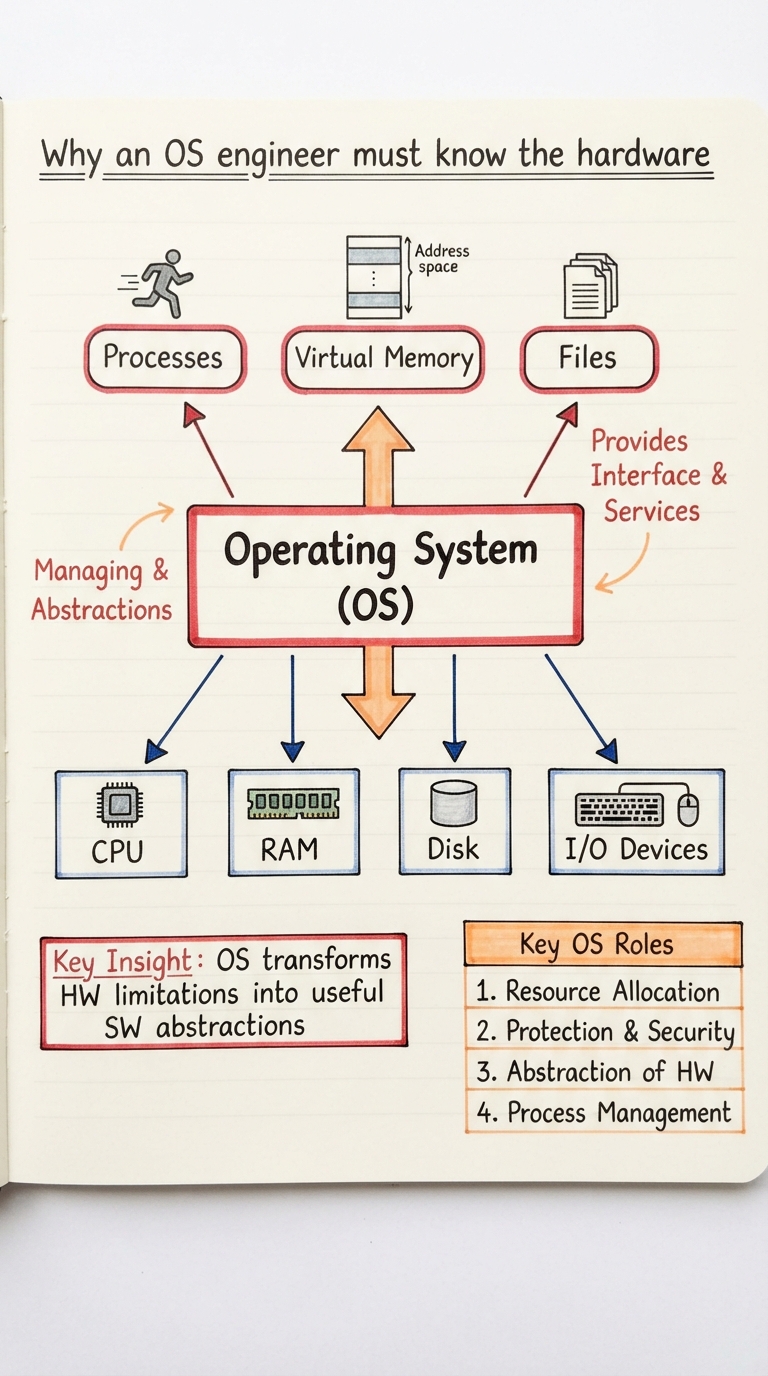 Handwritten diagram: an OS box in the middle with arrows down to CPU, RAM, disk and devices, and arrows up to abstractions labelled processes, virtual memory, files.