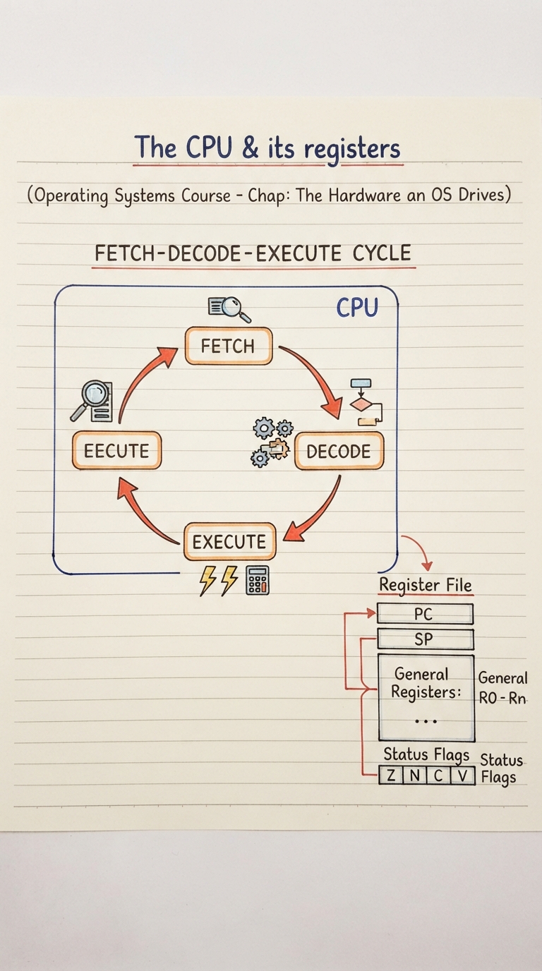 Handwritten diagram: a CPU box showing the fetch-decode-execute cycle as a loop, beside a register file listing PC, SP, general registers R0-Rn and status flags.