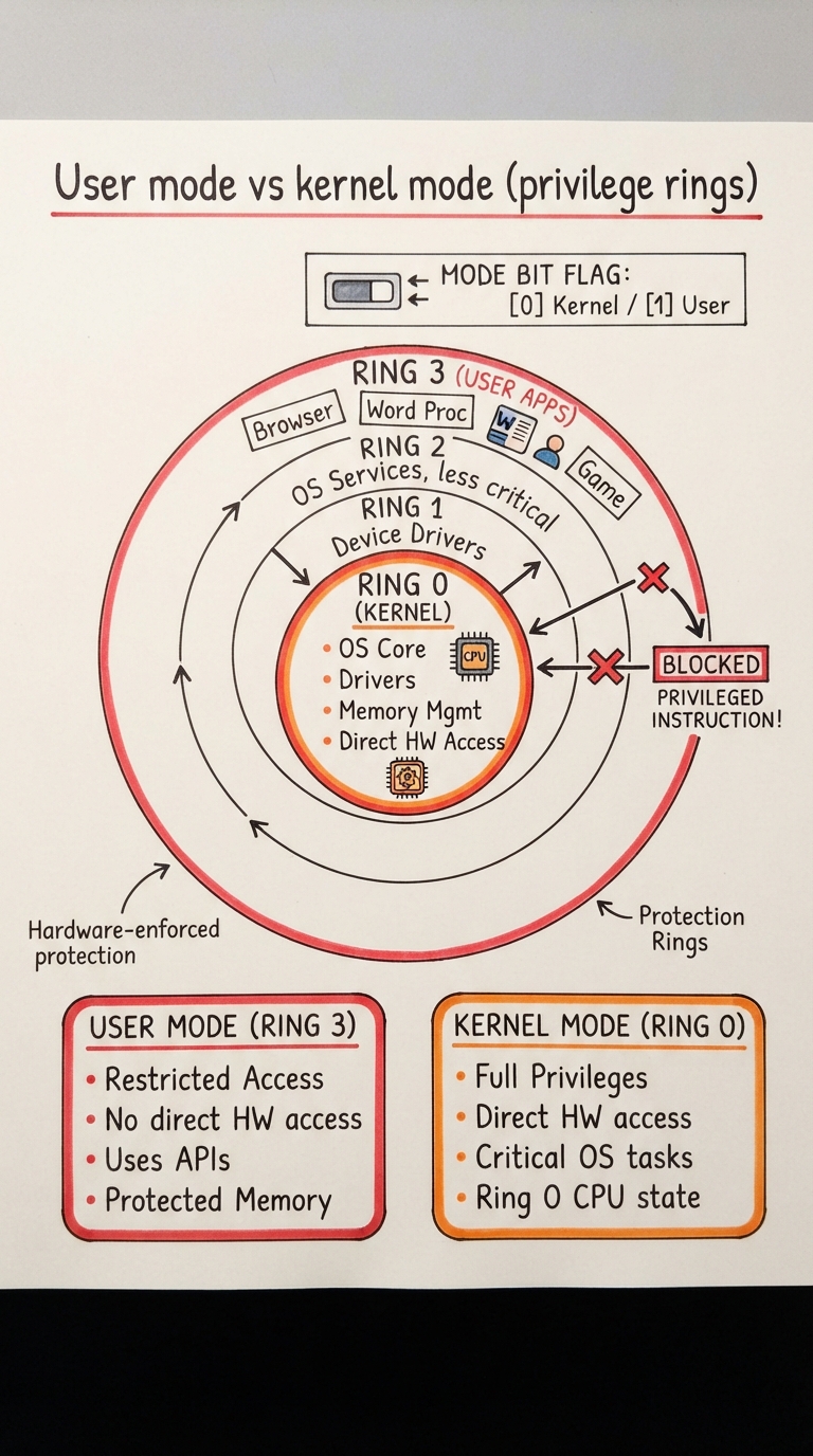 Handwritten diagram: concentric rings with ring 0 (kernel) at the centre and ring 3 (user apps) outside, a mode bit flag, and a blocked privileged instruction in user mode.