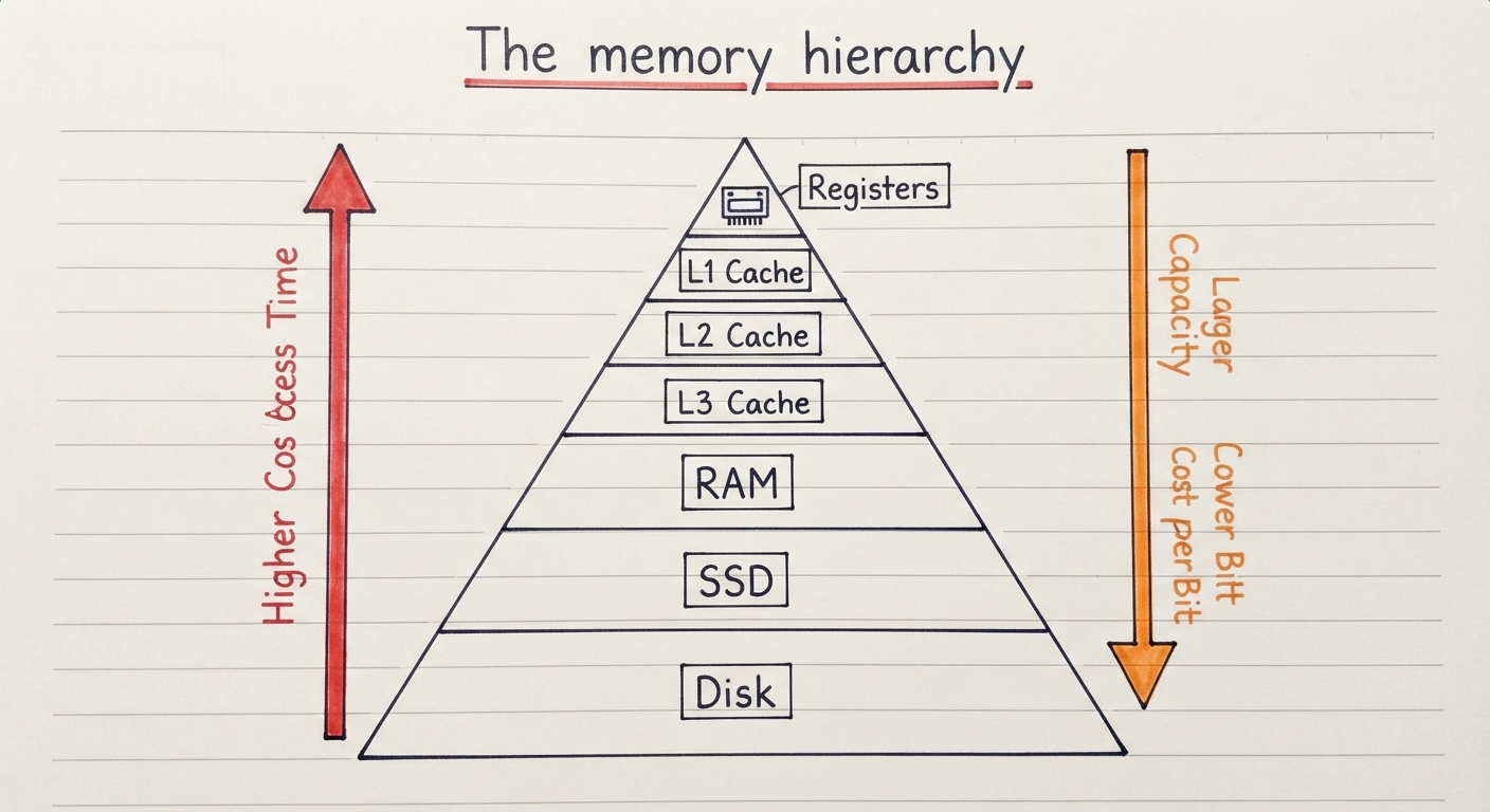 Handwritten pyramid: registers at the top, then L1, L2, L3 cache, RAM, SSD and disk at the base, with arrows showing faster/smaller at top and bigger/cheaper/slower at bottom.