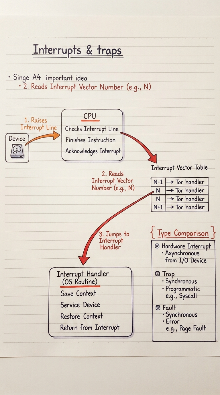 Handwritten diagram: a device raising an interrupt line to the CPU, the CPU consulting an interrupt vector table, and jumping to a handler; a side note distinguishing hardware interrupt, trap and fault.