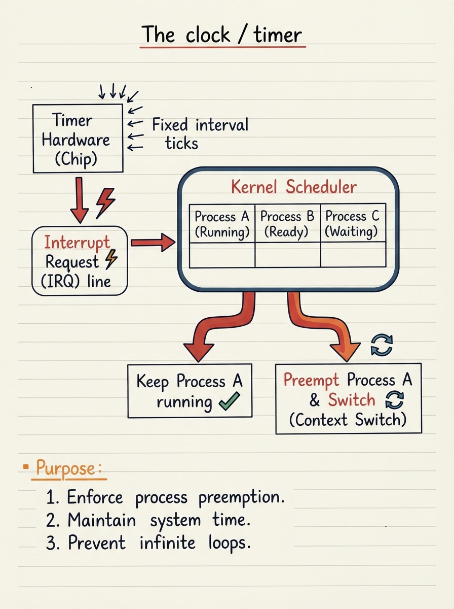 Handwritten diagram: a timer chip ticking at fixed intervals, each tick firing an interrupt into the kernel scheduler, which decides whether to keep or preempt the running process.