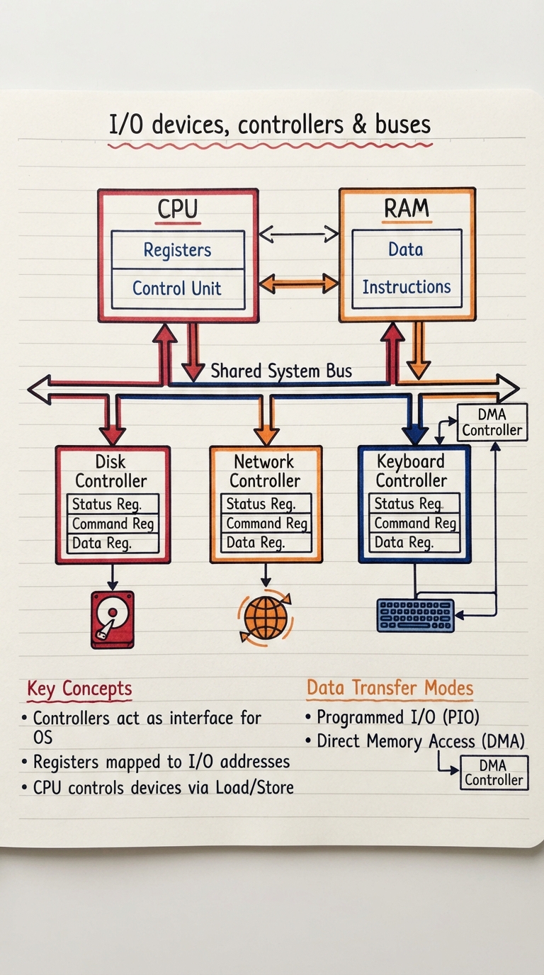 Handwritten diagram: CPU and RAM on a shared bus connected to device controllers for disk, network and keyboard, each controller exposing status/command/data registers.