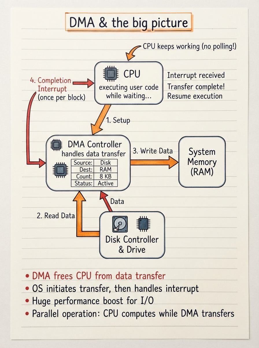 Handwritten diagram: a DMA controller moving a block of data directly between disk and RAM while the CPU works on something else, then a single completion interrupt back to the CPU.