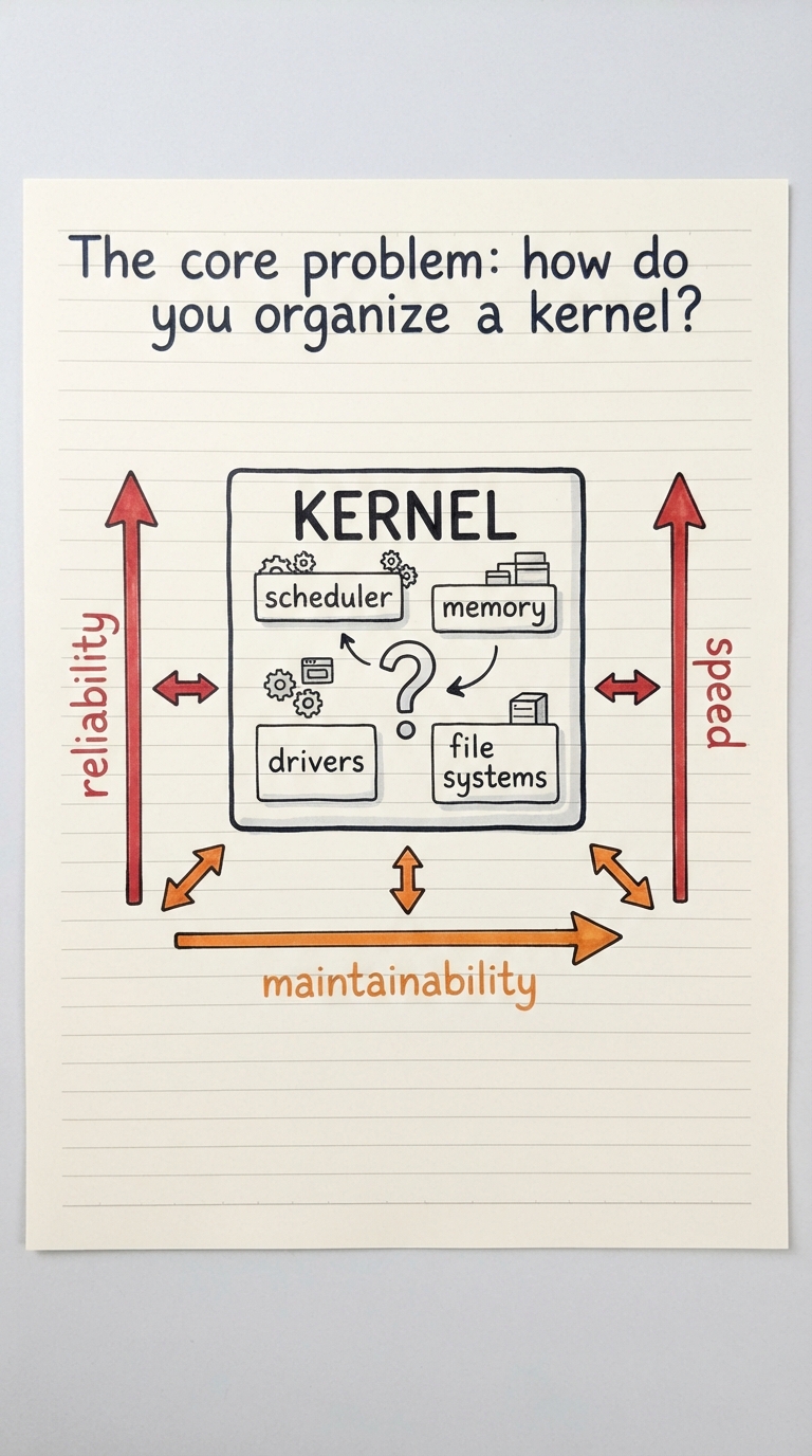 Handwritten notes: a big box labelled KERNEL crammed with scheduler, memory, drivers and file systems, with a question mark asking how to arrange them, flanked by three axes labelled speed, reliability and maintainability.