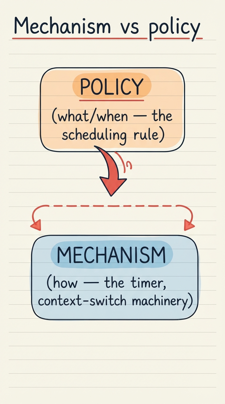 Handwritten diagram: a box labelled MECHANISM (how — the timer, context-switch machinery) sitting below a swappable box labelled POLICY (what/when — the scheduling rule), with an arrow showing the policy can be replaced without touching the mechanism.