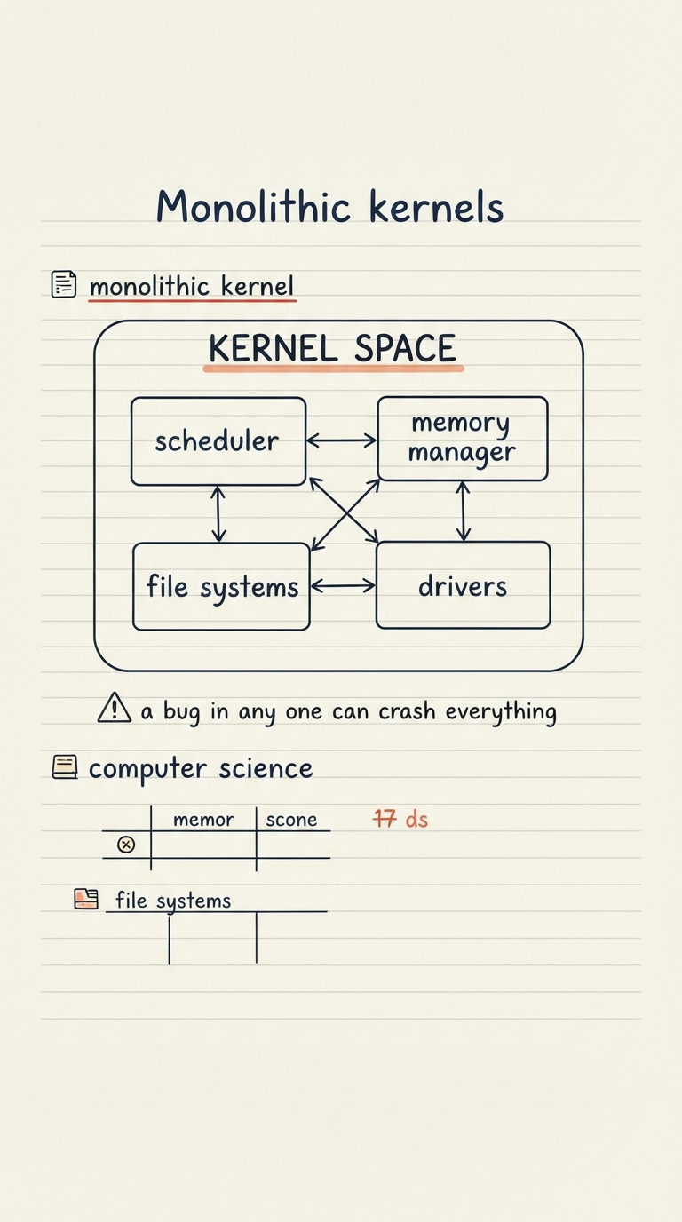 Handwritten notes: one large box labelled KERNEL SPACE holding scheduler, memory manager, file systems and drivers all together, with fast direct arrows between them, and a small warning that a bug in any one can crash everything.