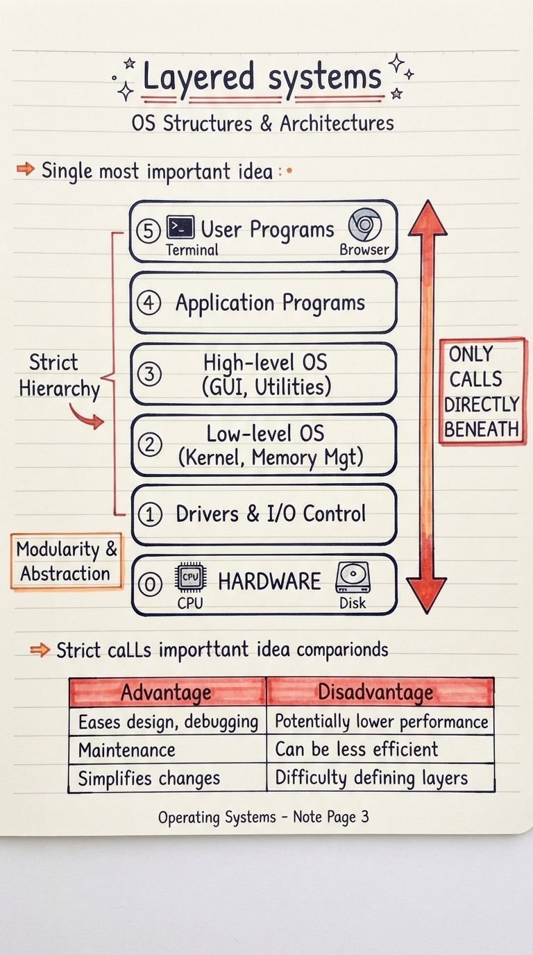 Handwritten diagram: a stack of horizontal layers numbered from the hardware at the bottom up to user programs at the top, each layer with an arrow showing it may only call the layer directly beneath it.