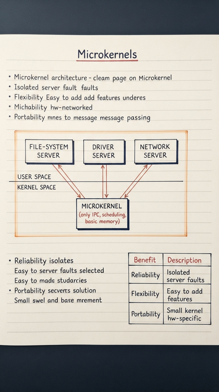 Handwritten notes: a tiny box labelled MICROKERNEL (only IPC, scheduling, basic memory) in kernel space, with file-system, driver and network servers drawn as separate boxes up in user space, message arrows passing between them through the kernel.