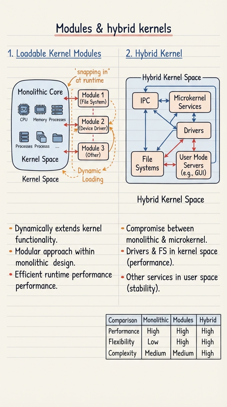 Handwritten diagram: on the left a monolithic core with loadable module blocks snapping into it at runtime; on the right a hybrid kernel box that keeps drivers and file systems inside kernel space but is organized into microkernel-style components.