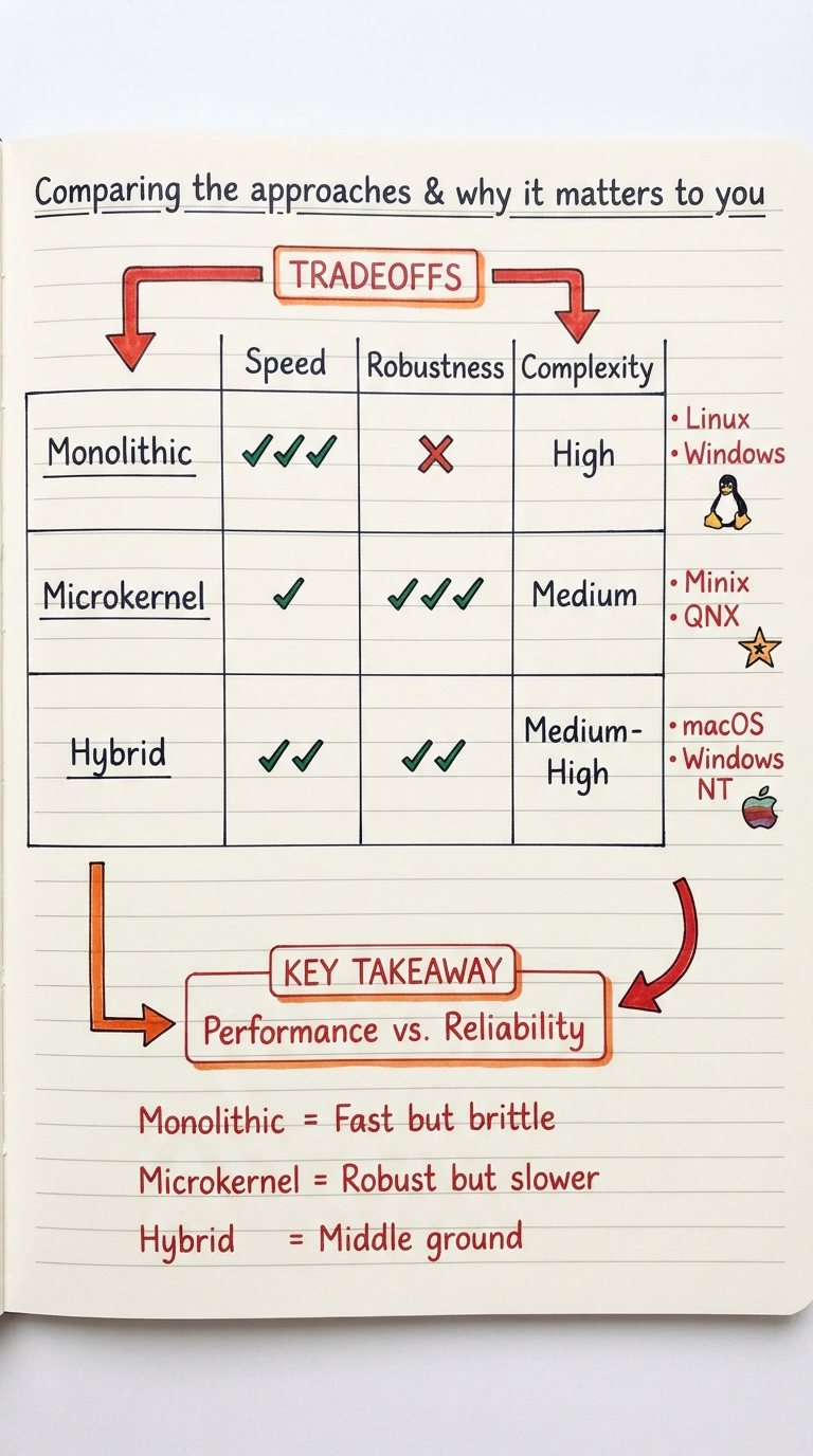 Handwritten comparison table with rows Monolithic, Microkernel and Hybrid and columns Speed, Robustness and Complexity, ticks and crosses filled in, plus example systems noted beside each row.