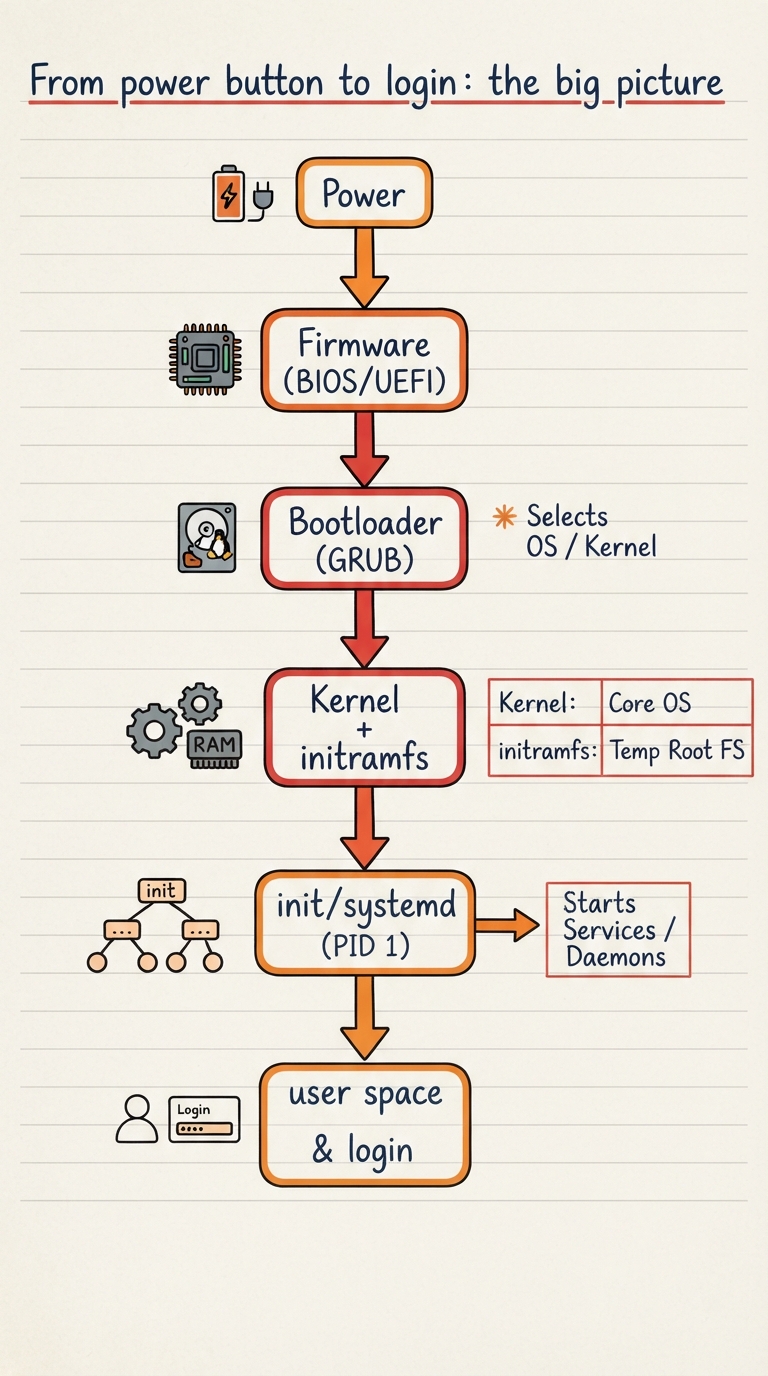 Handwritten vertical timeline: Power → Firmware (BIOS/UEFI) → Bootloader (GRUB) → Kernel + initramfs → init/systemd (PID 1) → user space & login, each stage an arrow handing off to the next.