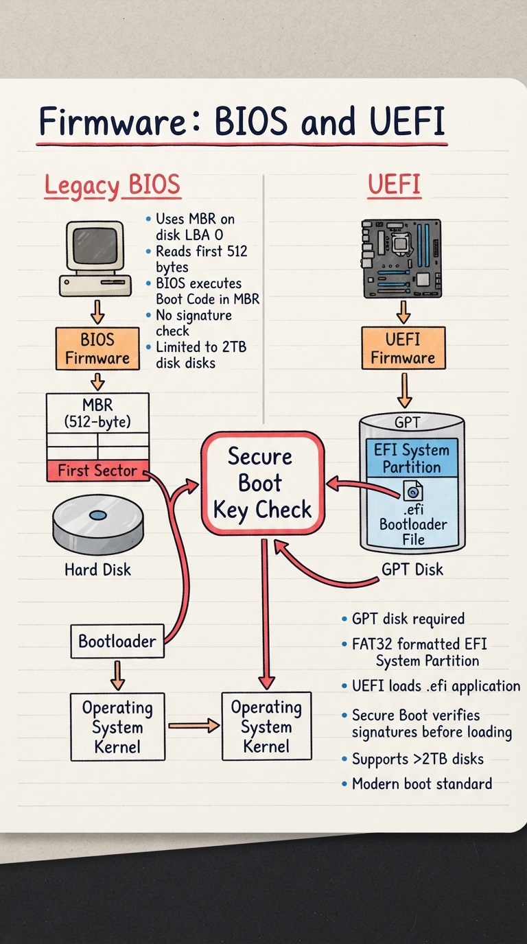 Handwritten split diagram: left, legacy BIOS reading a 512-byte MBR from the first sector of a disk; right, UEFI reading a .efi bootloader file from the FAT-formatted EFI System Partition on a GPT disk, with a Secure Boot key check in the middle.