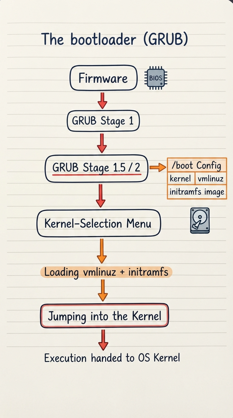 Handwritten flow: firmware hands to GRUB stage 1, then stage 1.5/2 reading its config from /boot, presenting a kernel-selection menu, then loading vmlinuz + initramfs into RAM and jumping into the kernel.
