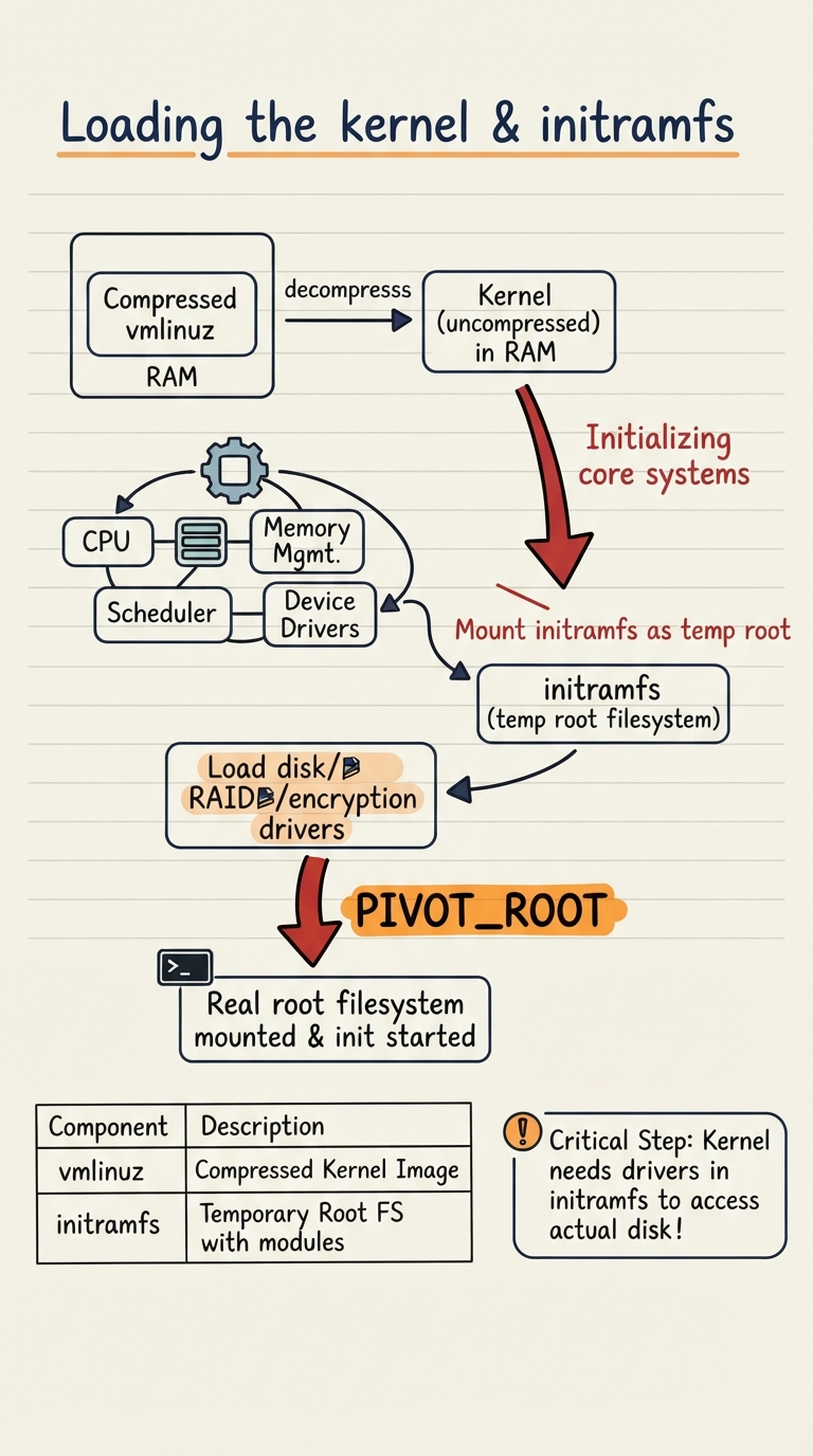Handwritten diagram: a compressed vmlinuz decompressing in RAM, initializing CPU/memory/scheduler and drivers, mounting the initramfs as a temporary root, loading the disk/RAID/encryption driver, then pivoting to the real root filesystem.