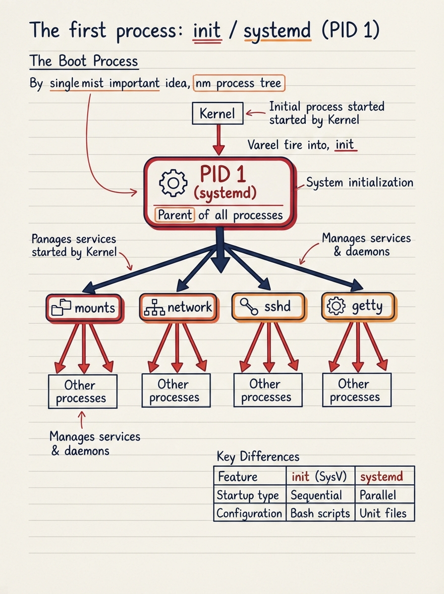 Handwritten process tree: the kernel starting a single box labelled PID 1 (systemd), which fans out into service boxes — mounts, network, sshd, getty — that in turn parent all other processes.