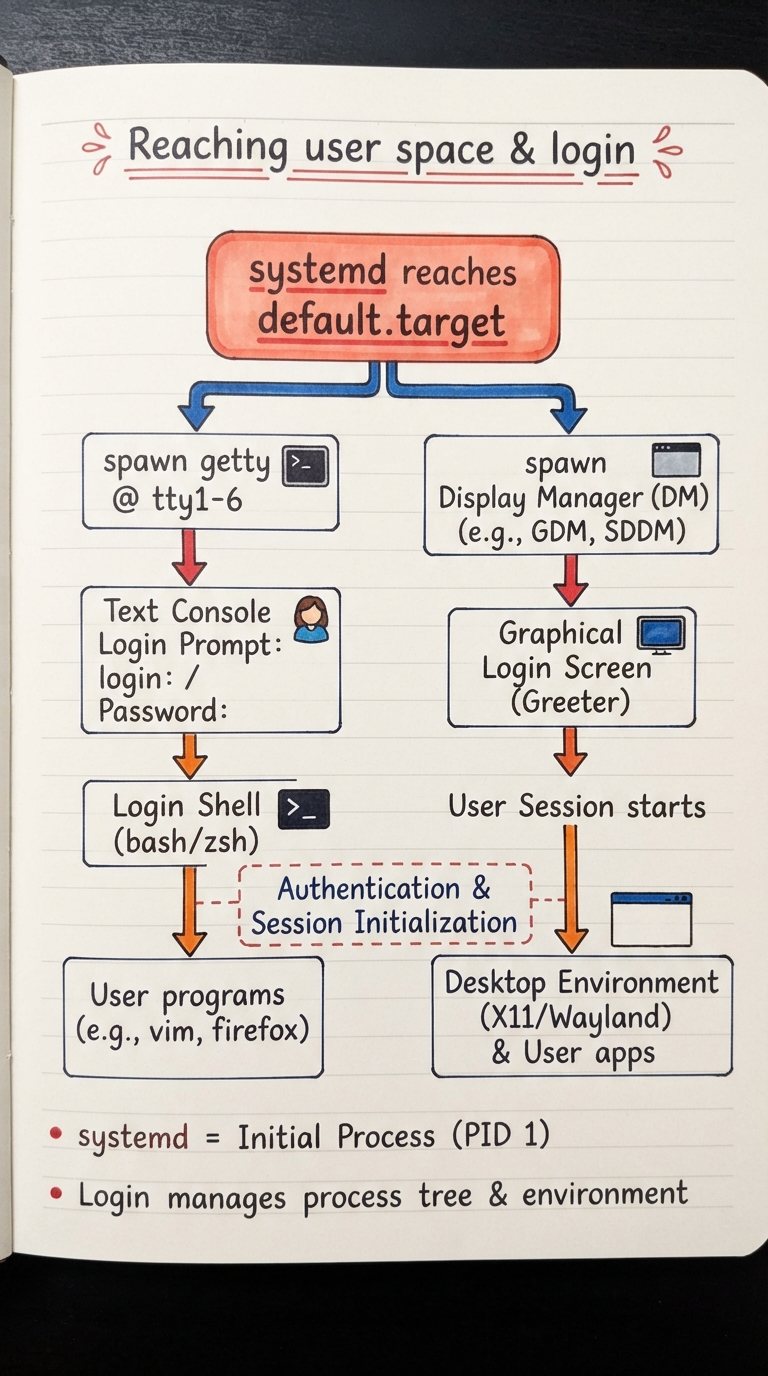 Handwritten diagram: systemd reaching its target, spawning getty on a text console and a display manager on a desktop, which prompt for login and then start a login shell that becomes the parent of the user’s programs.