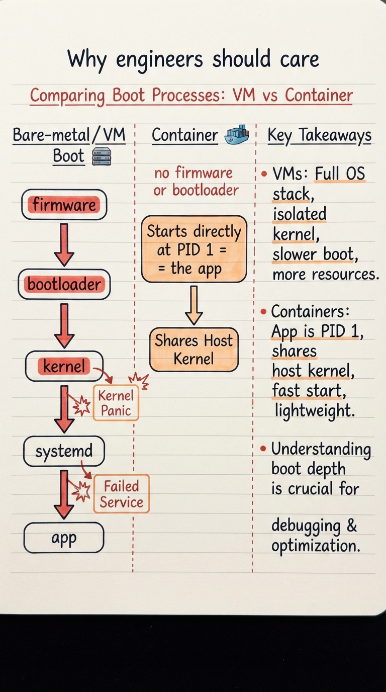 Handwritten three-column comparison: a bare-metal/VM boot (firmware → bootloader → kernel → systemd → app) next to a container (starts directly at PID 1 = the app, sharing the host kernel, no firmware or bootloader), with debugging touchpoints (kernel panic, failed service) flagged along the VM path.