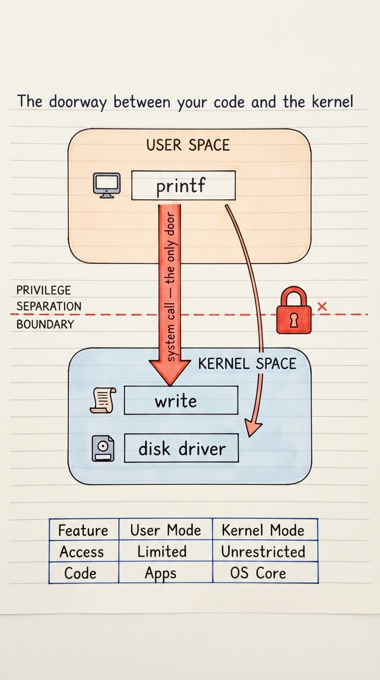 Handwritten A4 diagram: a horizontal dashed privilege line with user space above (an app box holding printf) and kernel space below (a box holding write and the disk driver); a single downward arrow labelled "system call — the only door" crosses the line, while a stray arrow trying to reach hardware directly is blocked by a padlock.