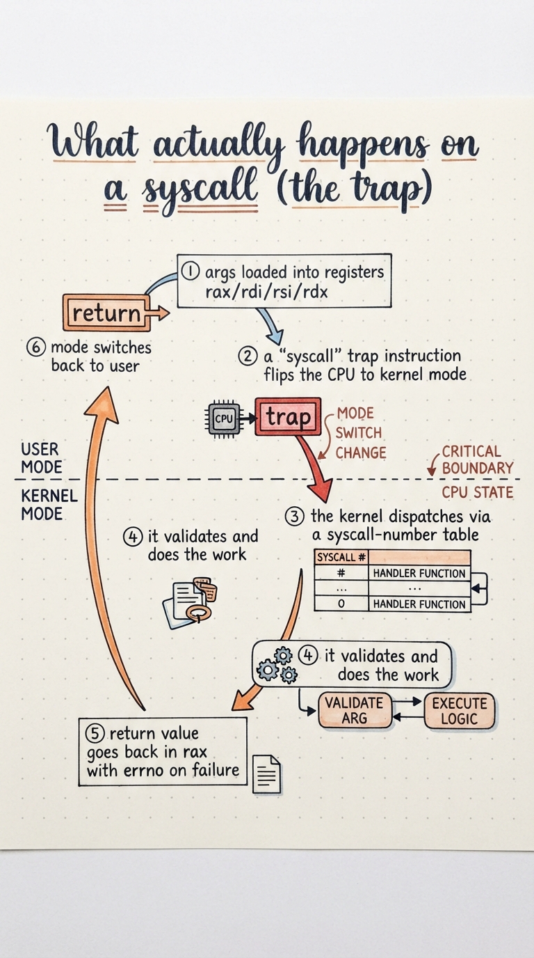Handwritten A4 diagram: a numbered sequence crossing the user/kernel line — (1) args loaded into registers rax/rdi/rsi/rdx, (2) a "syscall" trap instruction flips the CPU to kernel mode, (3) the kernel dispatches via a syscall-number table, (4) it validates and does the work, (5) return value goes back in rax with errno on failure, (6) mode switches back to user; a curved arrow shows the round trip down and back up.